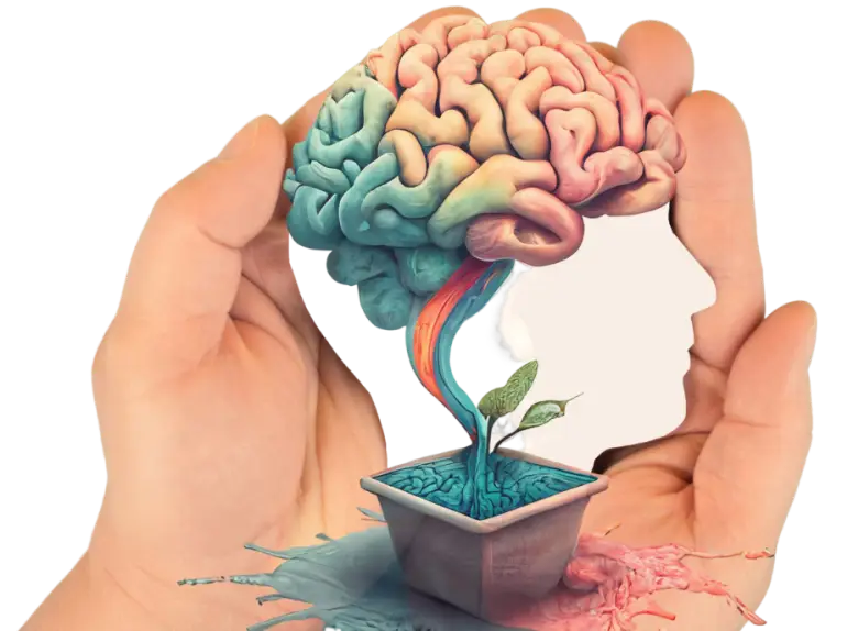 Hands holding a human face silhouette with a colorful brain, connected to a potted plant sprouting a green leaf.